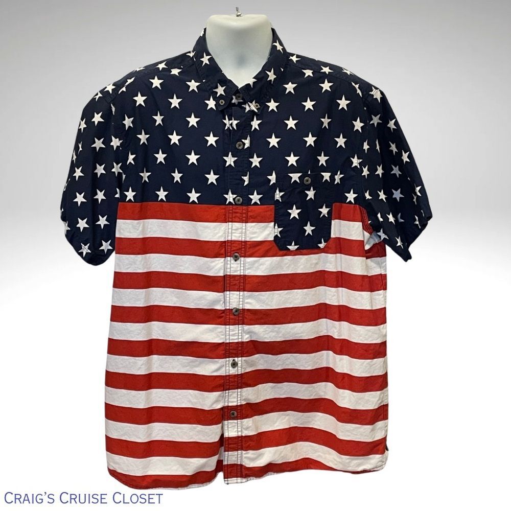 Blue and Red Casual Button Down Shirt with Flag Design Men's 2XL